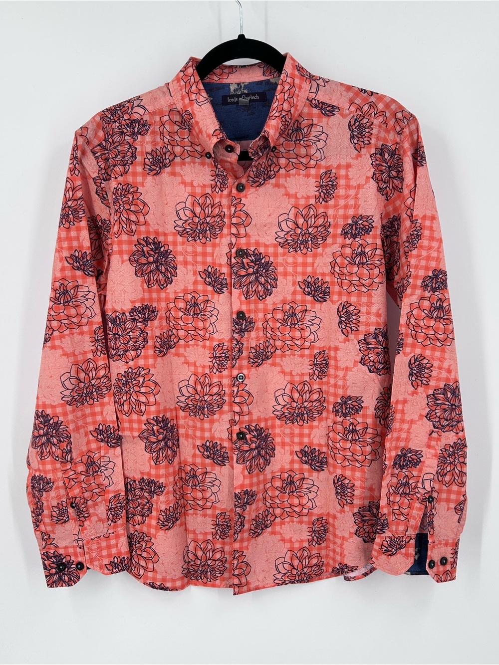 Lords of Harlech Tim Shadow Floral Coral Shirt Men's Small S Gingham Plaid